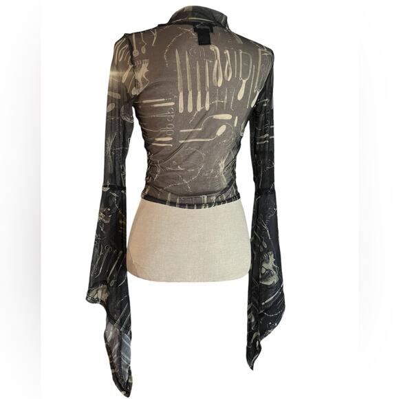 Hot Topic Surgery Tools Black Mesh Mock Neck Retro Sheer Flare Sleeve Crop Top M - Picture 5 of 7